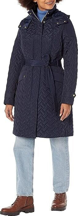 Cole Haan Women's Quilted Tie Waist Coat Navy Blue Medium