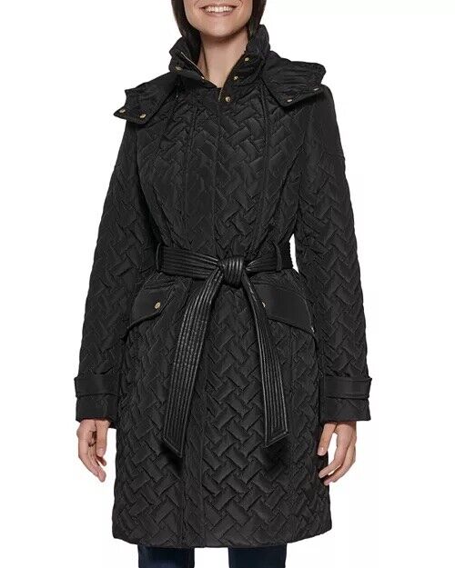 Cole Haan Women's Quilted Tie Waist Coat Black Medium