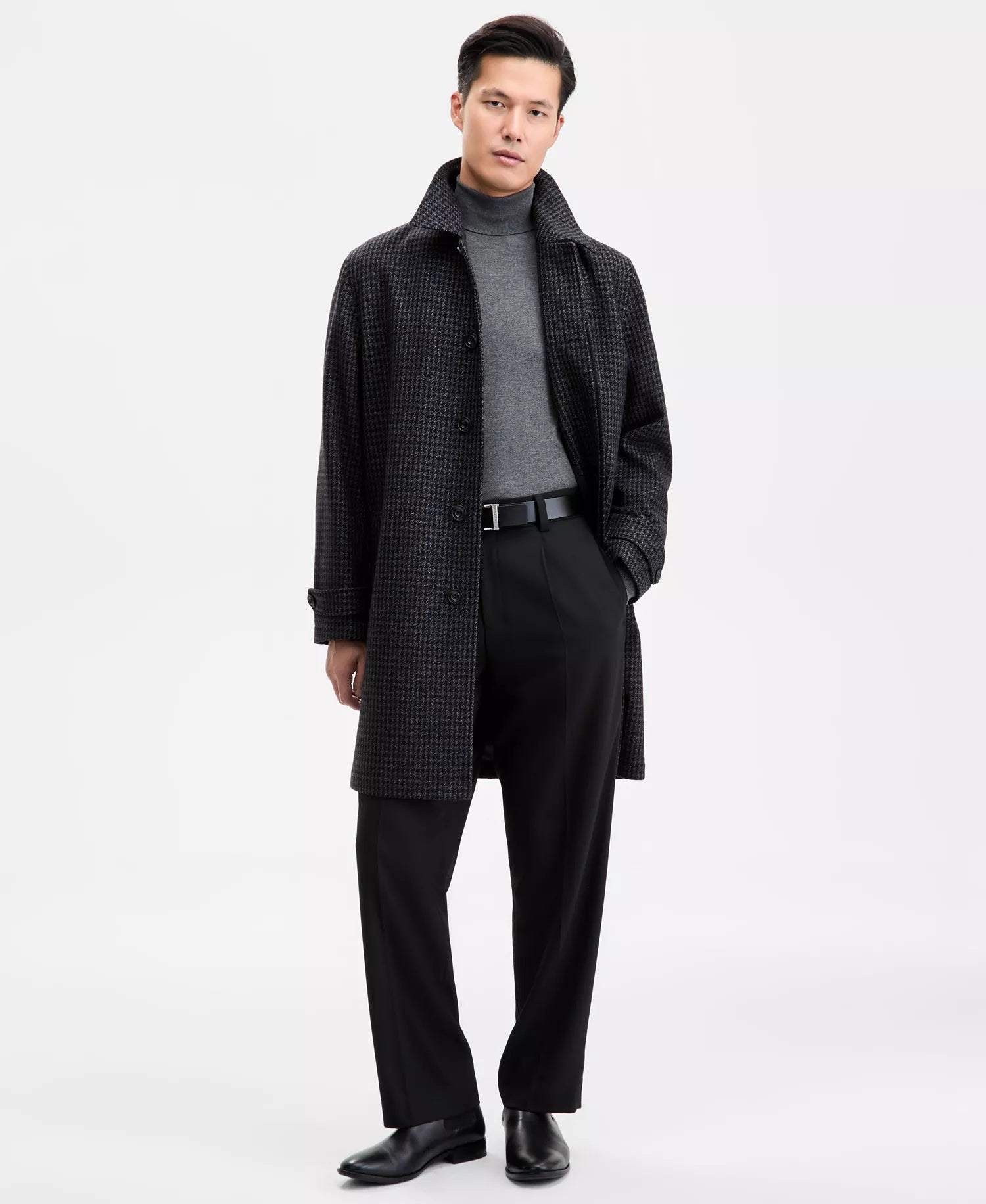 HUGO by Hugo Boss Men's Regular-Fit Houndstooth Overcoat Coat Medium Black