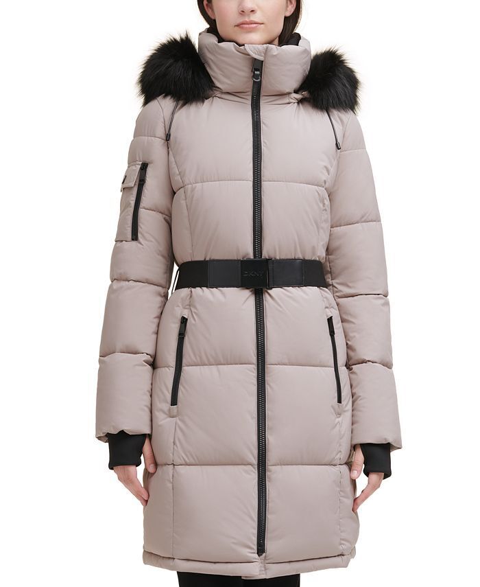 DKNY Belted Puffer Coat 1X Thistle Beige Womens NO HOOD