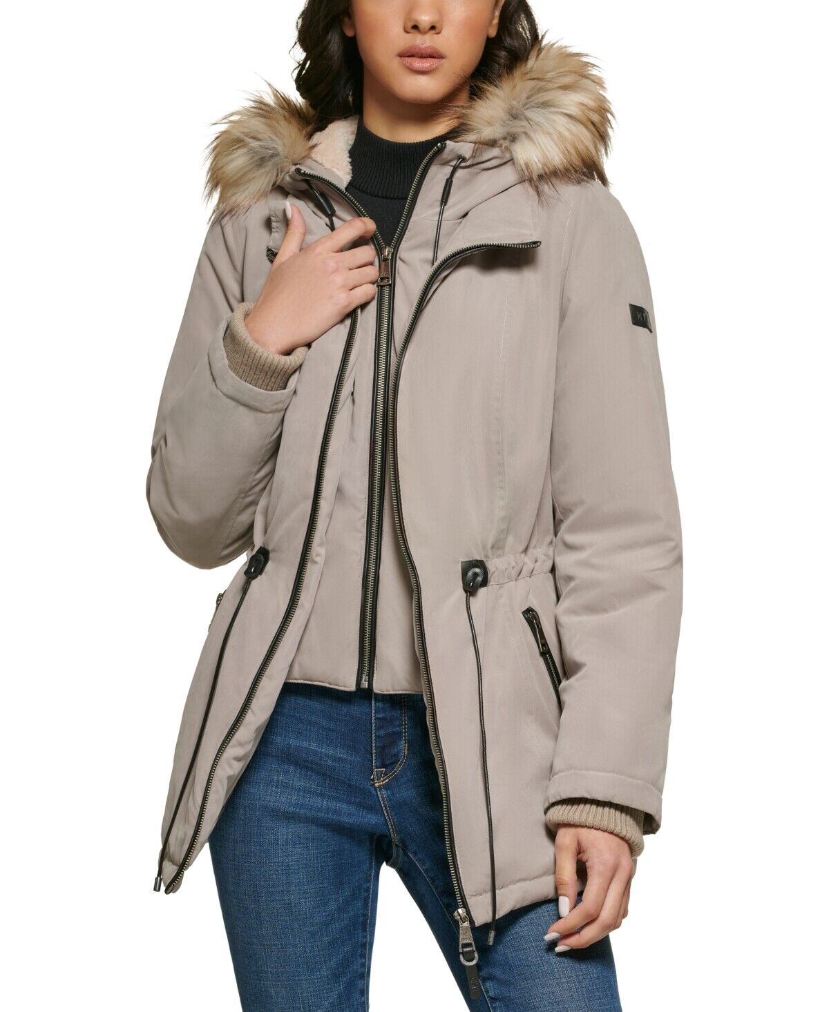 DKNY Women's Faux-Fur-Trim Hooded Anorak Thistle Size XXS