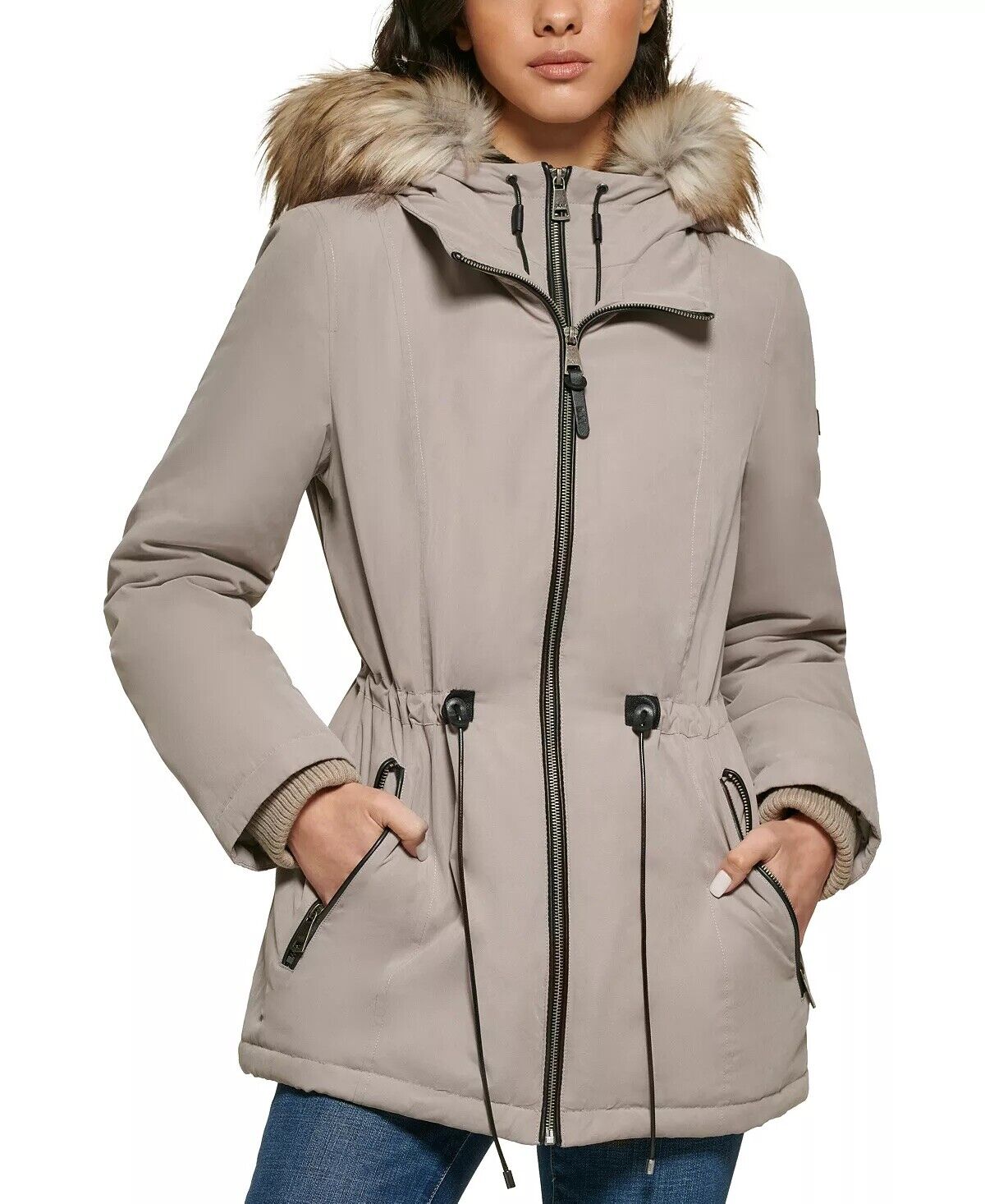DKNY Women's Faux-Fur-Trim Hooded Anorak Thistle Size XXS