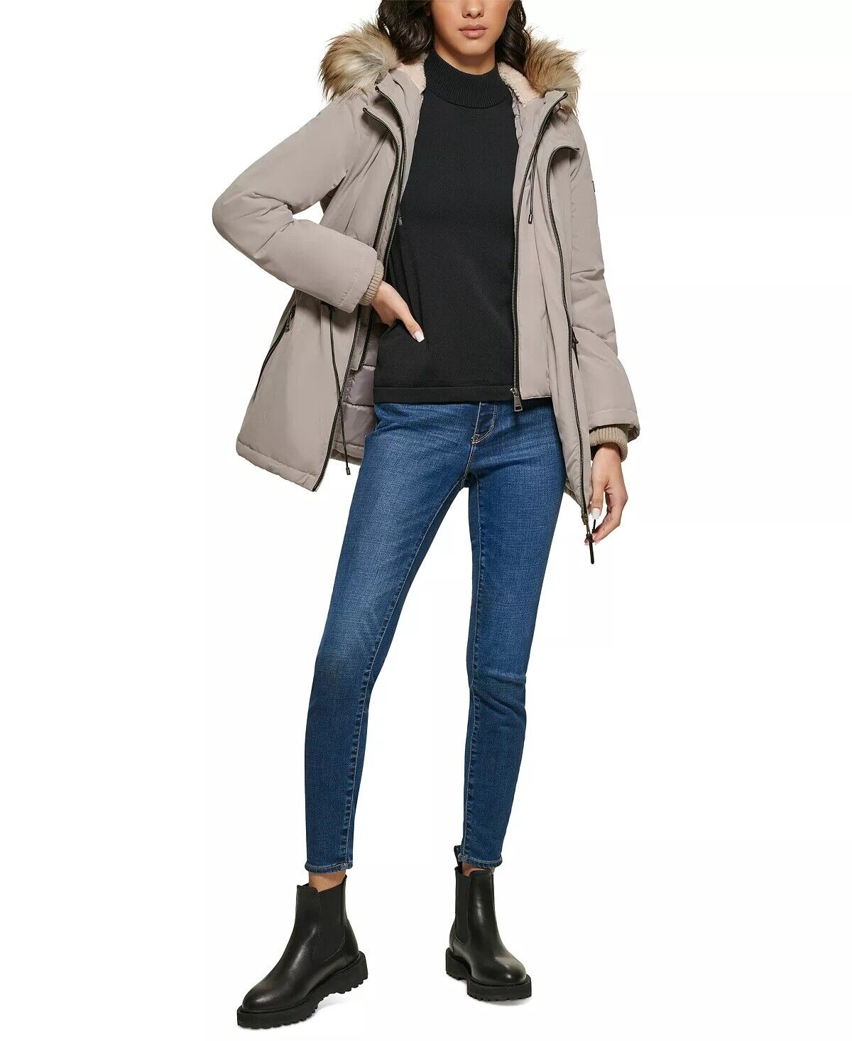 DKNY Women's Faux-Fur-Trim Hooded Anorak Thistle Size XXS