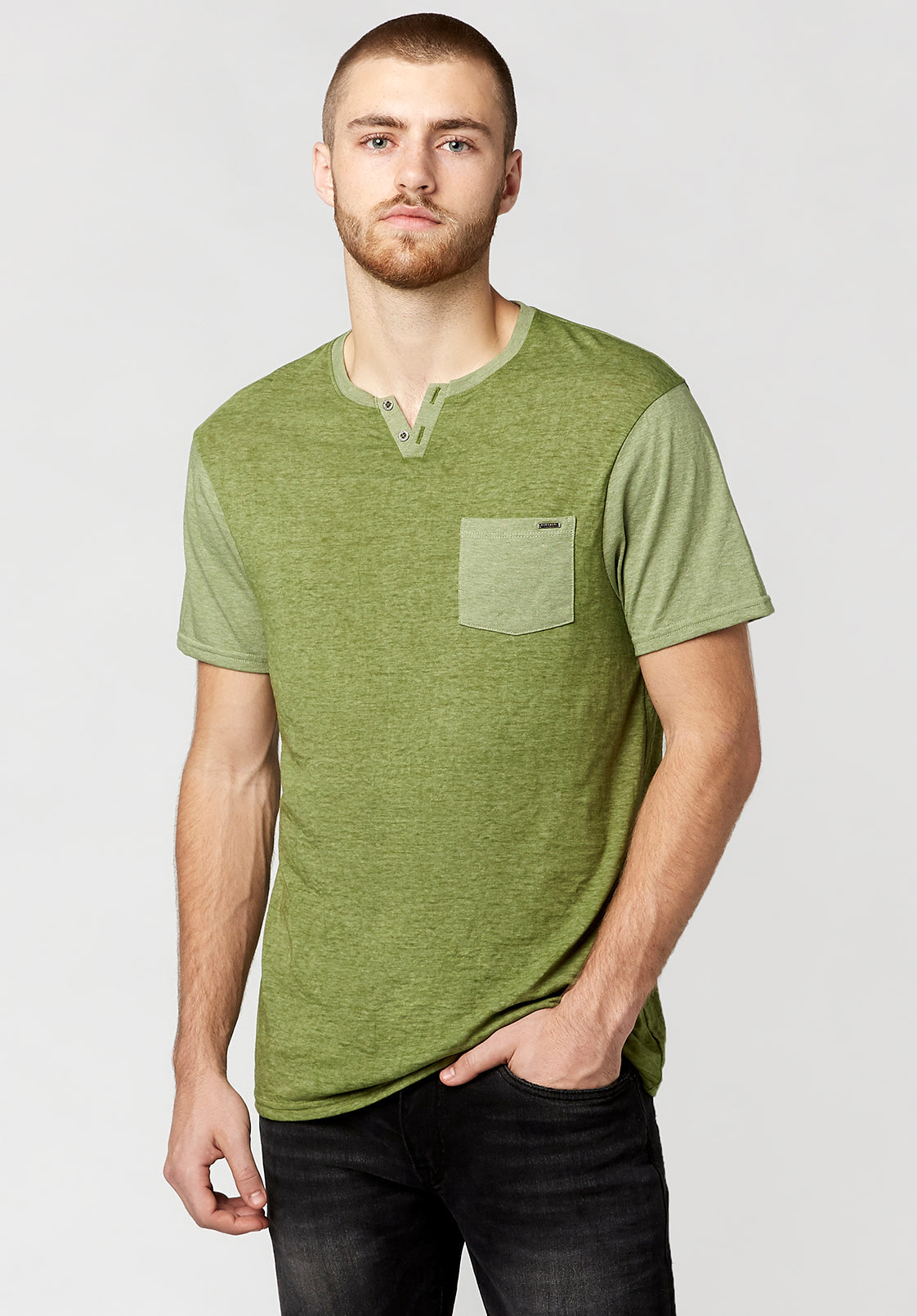 Buffalo Tonal Trim Kaddy Henley Tshirt Bm23555 Oil Green S Buffalo Lt/Pas Grn Small