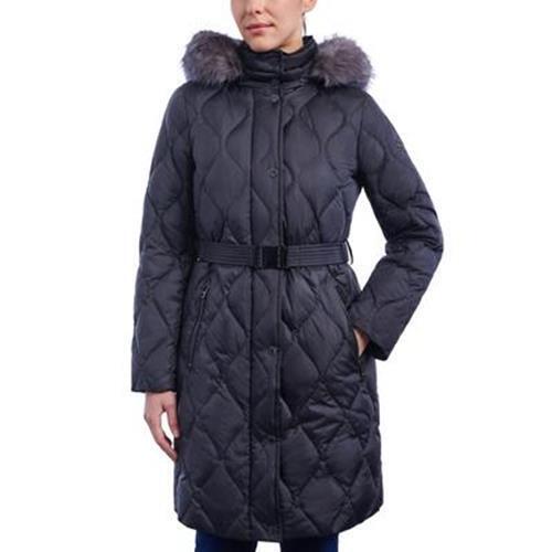 MICHAEL KORS Womens Faux-Fur-Trim Hooded Belted Down Puffer Coat XS Black