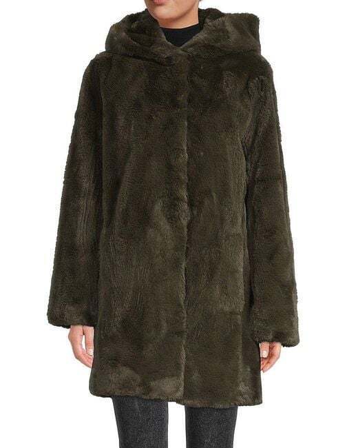 DKNY Women's Hooded Faux-Fur Coat Green Large