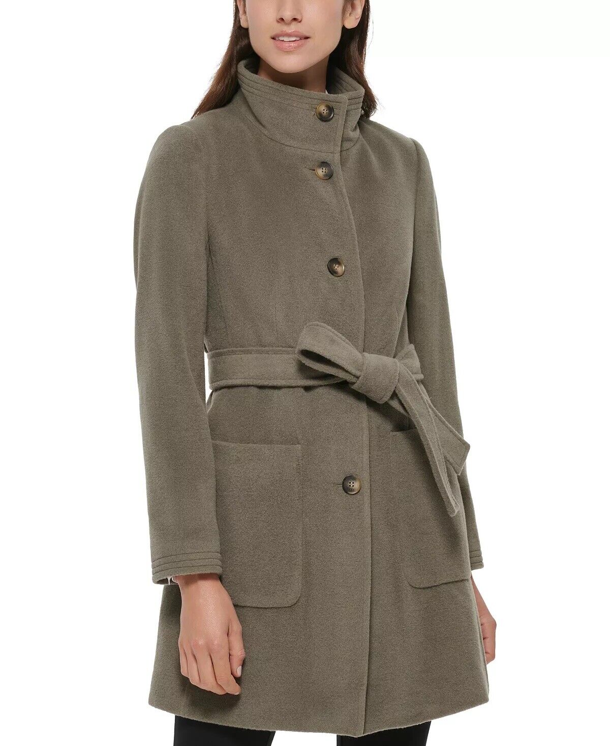 DKNY Women's Stand-Collar Button-Front Belted Coat Sage Green XL