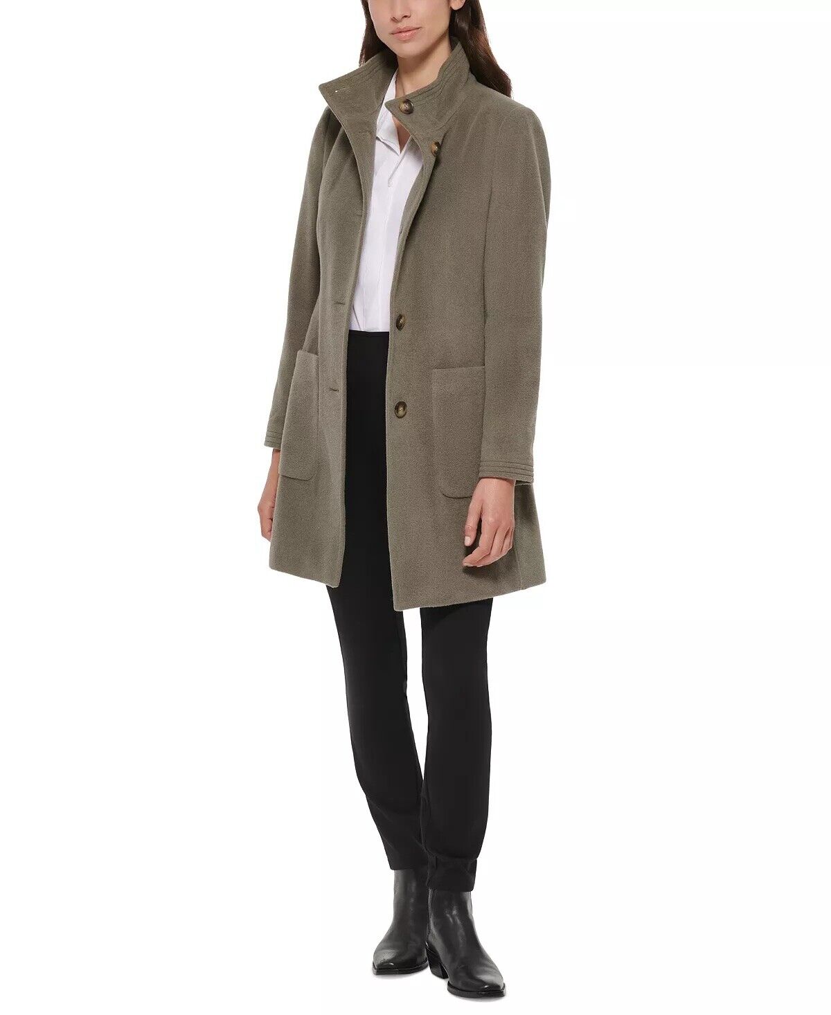 DKNY Women's Stand-Collar Button-Front Belted Coat Sage Green XL