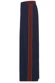 NICHOLAS DALEY Mens Wide Leg Track Pants Size 32 Navy Blue / Burgundy Striped