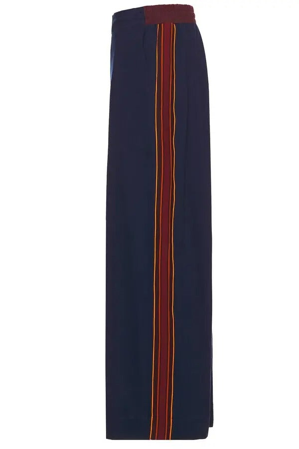 NICHOLAS DALEY Mens Wide Leg Track Pants Size 32 Navy Blue / Burgundy Striped