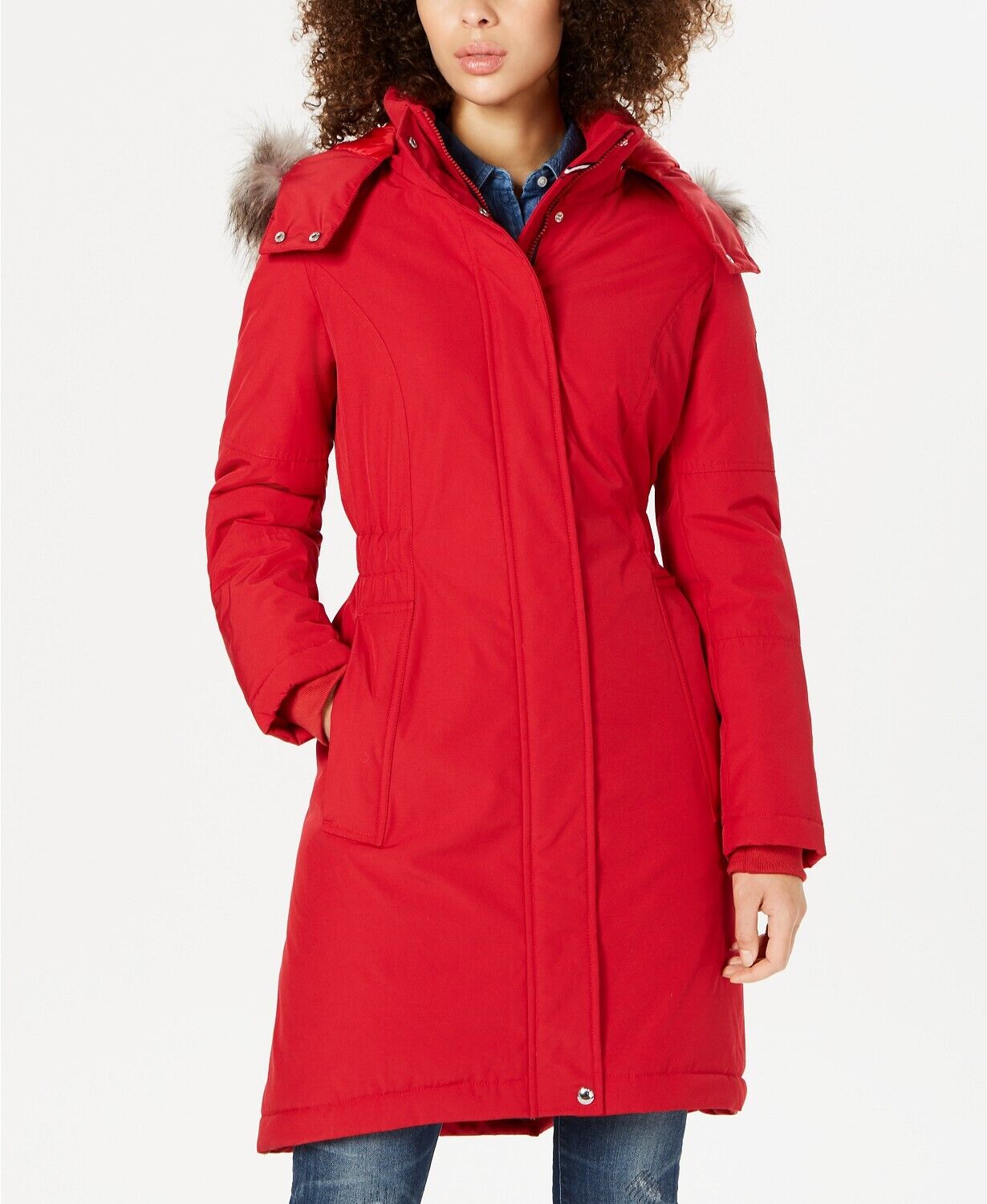Tommy Hilfiger Womens Hooded Faux-Fur-Trim Puffer Parka Coat XL Red
