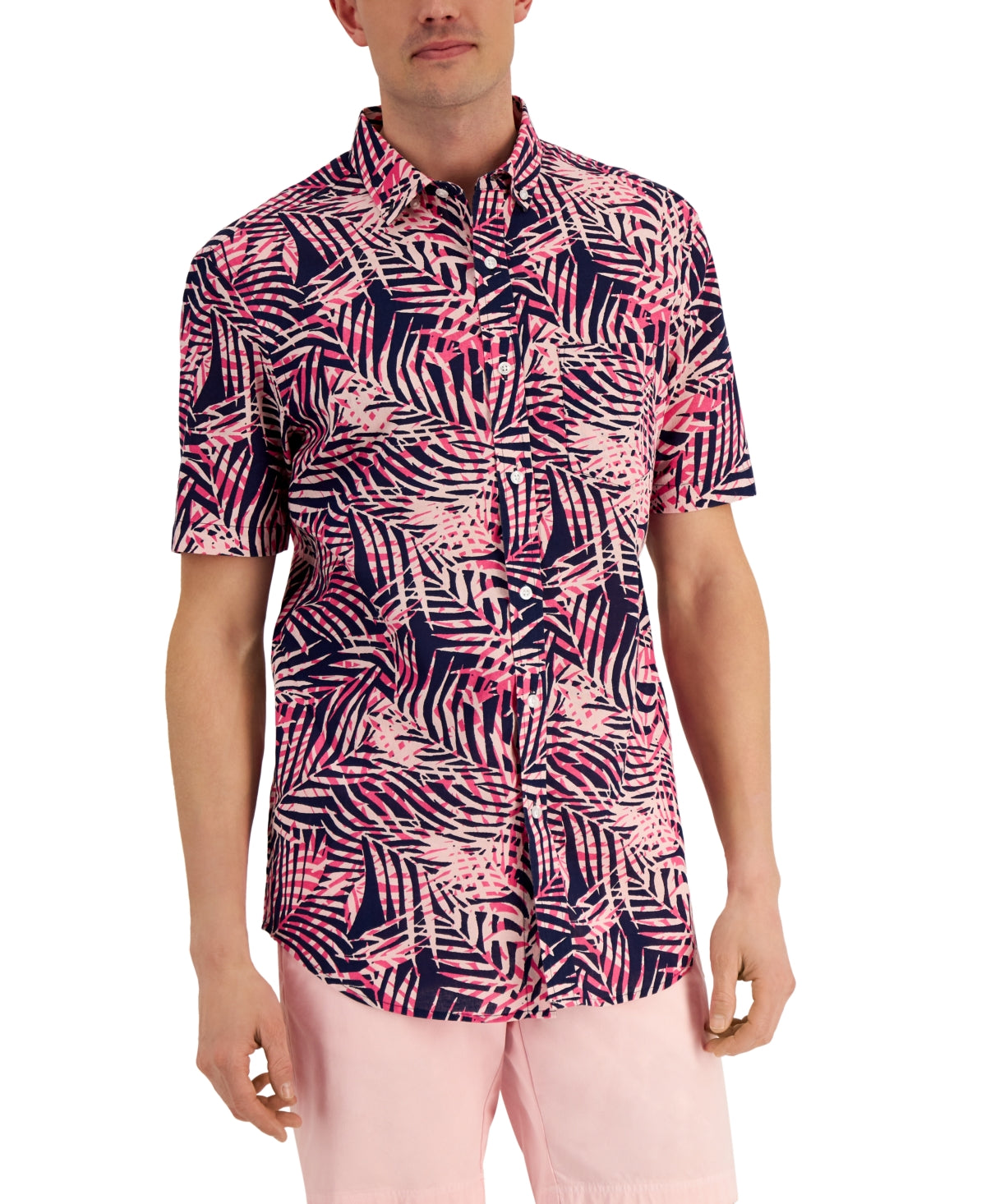 Club Room Mens Regular Fit Palm Short Sleeve Button Down Shirt Navy Blue XL