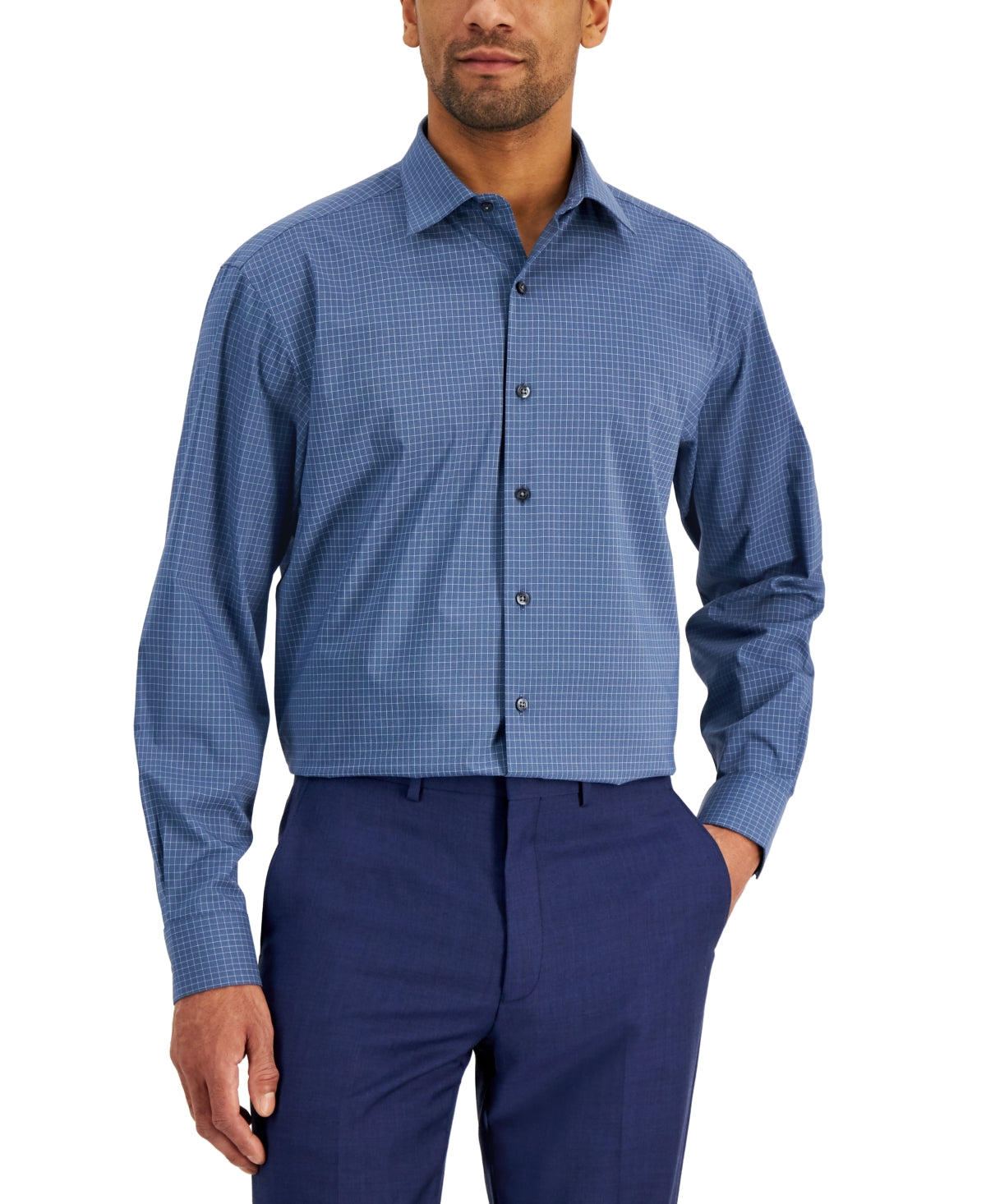 Alfani Mens Blue Mini Plaid Button Down Dress Shirt 17-17.5 / 32-33
