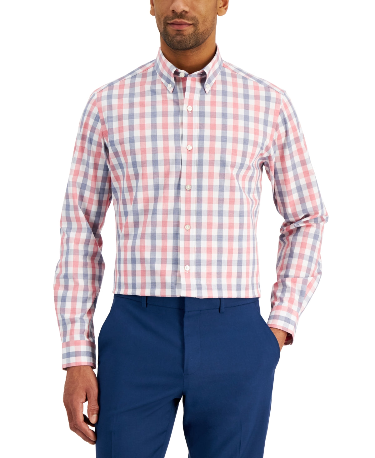 Club Room Mens Gingham Button Down Dress Shirt Red Blue Medium