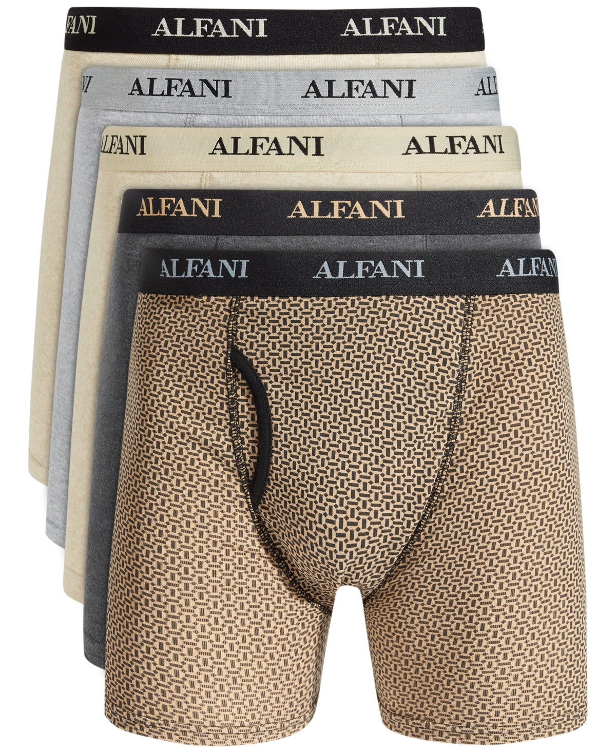 Alfani Men's 5 Pack Tile & Solid Boxer Briefs Beige khaki Large