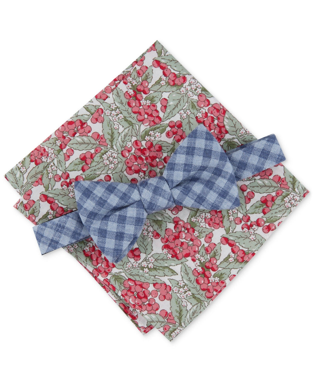 Bar Iii Men's Brandon Check Bow Tie Set & Floral Pocket Square Navy Osfa Reg