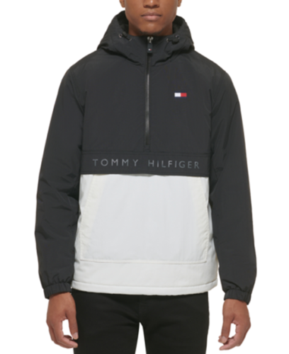 TOMMY HILFIGER Men's Performance Taslan Popover Hooded Jacket Black White XXL