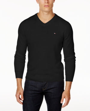Tommy Hilfiger Men Regular fit Long Sleeve V Neck Sweater Medium Black Solid
