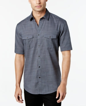 Alfani Men's Solid Textured Short Sleeve Button Down Shirt Boulder Gray Small
