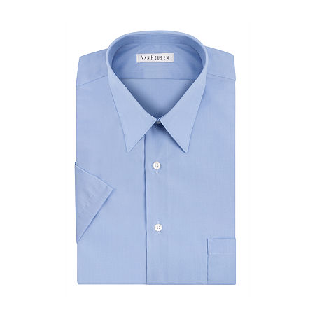 Van Heusen Poplin Solid Short Sleeve Dress Shirt Cameo Blue Large