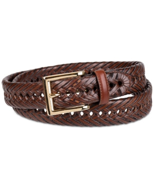 Club Room Mens Leather Braided Belt Gold Belt Buckle Brown 32