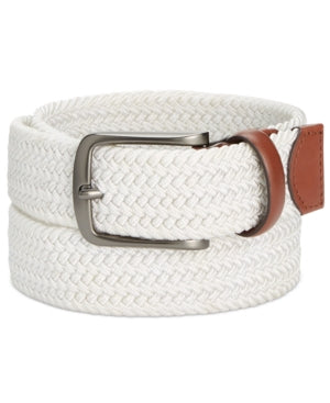 Perry Ellis Portfolio Mens Webbed Leather-Trim Belt White Small
