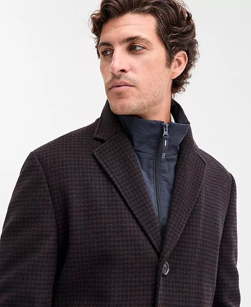Ted Baker Men's Classic-Fit Houndstooth Check Overcoat Coat 42 S Brown Navy Wool
