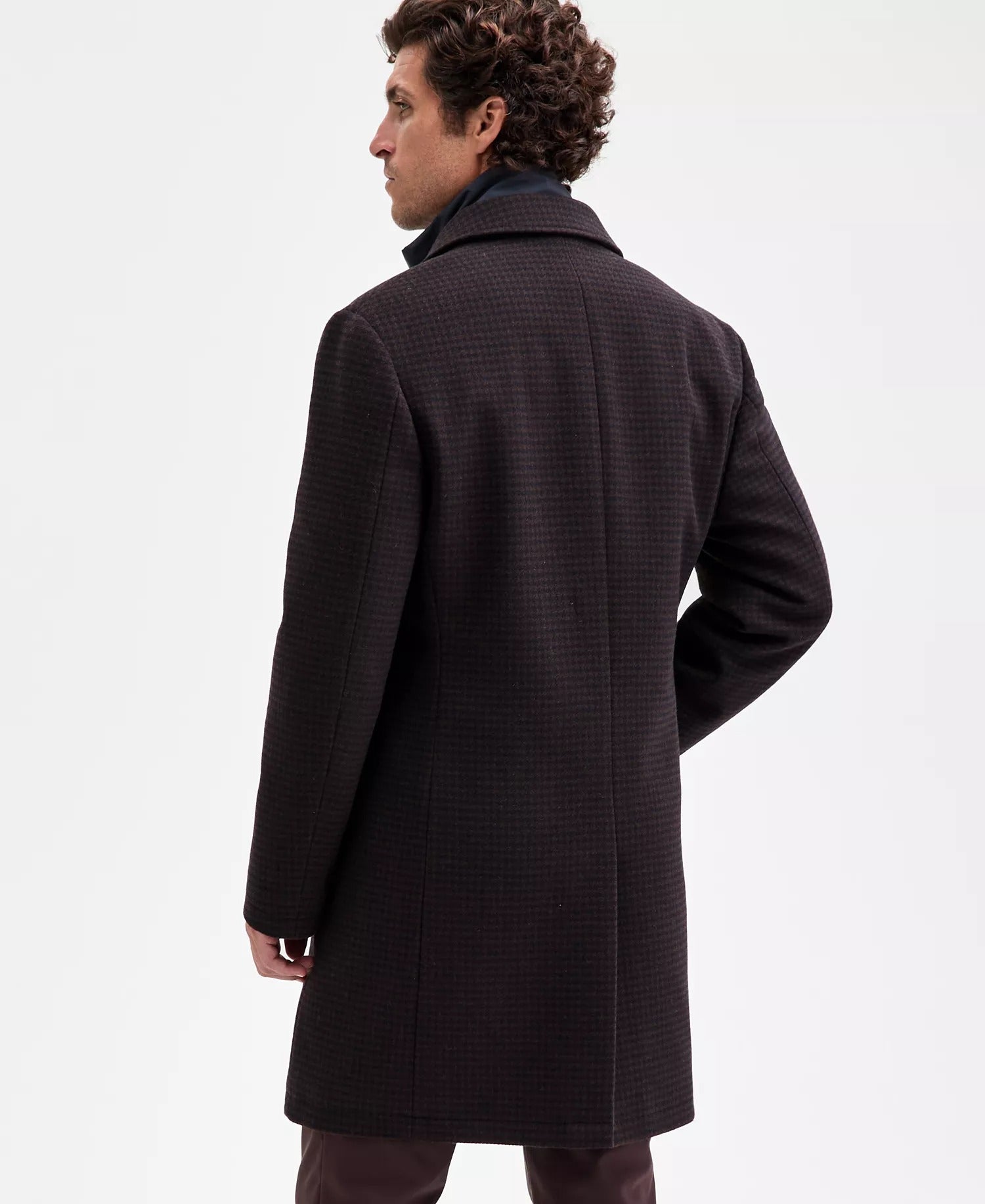 Ted Baker Men's Classic-Fit Houndstooth Check Overcoat Coat 42 S Brown Navy Wool