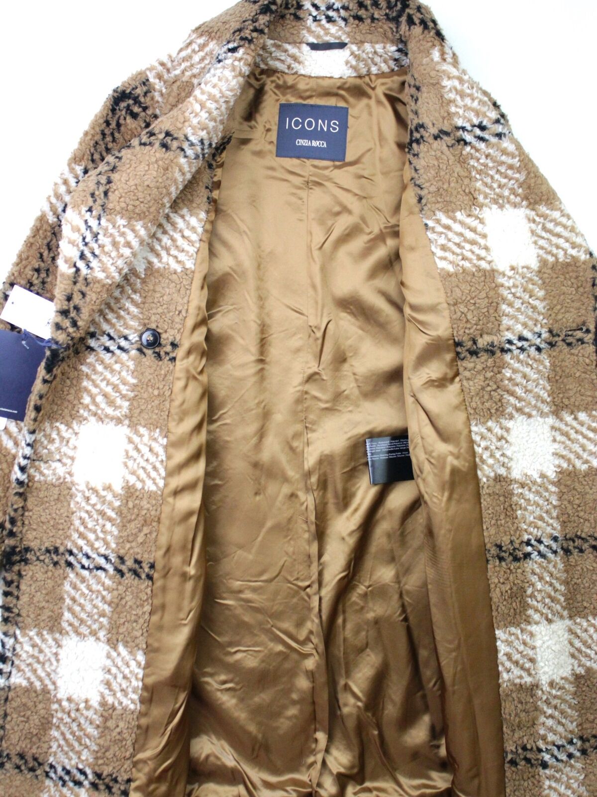 CINZIA ROCCA ICONS MACRO PLAID TOBACCO TEDDY COAT US US 4 IT 40