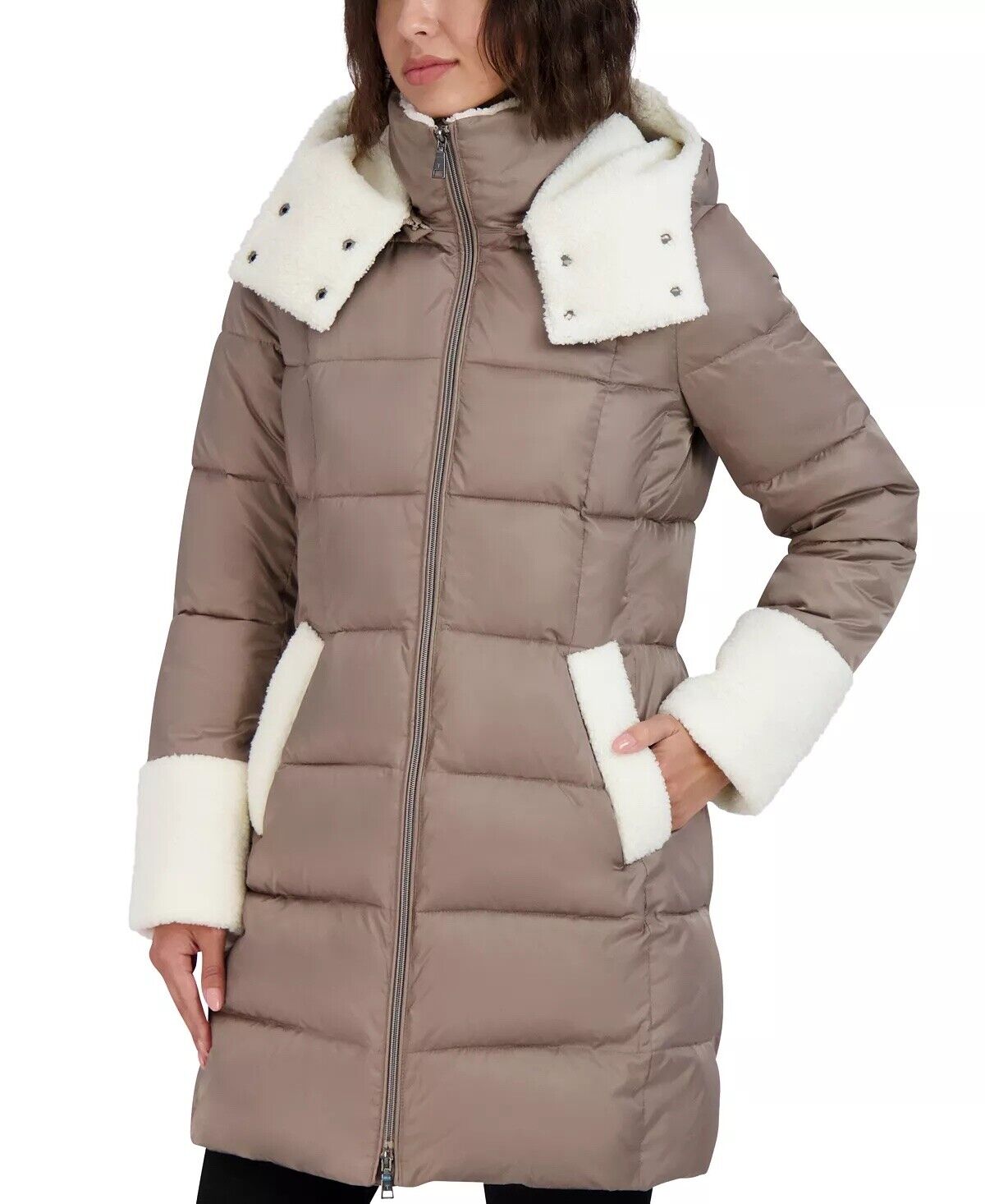 Tahari Women's Fleece-Trim Hooded Puffer Coat Beige Large