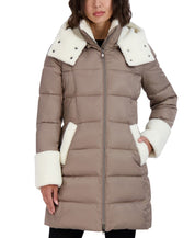 Tahari Women's Fleece-Trim Hooded Puffer Coat Beige Large