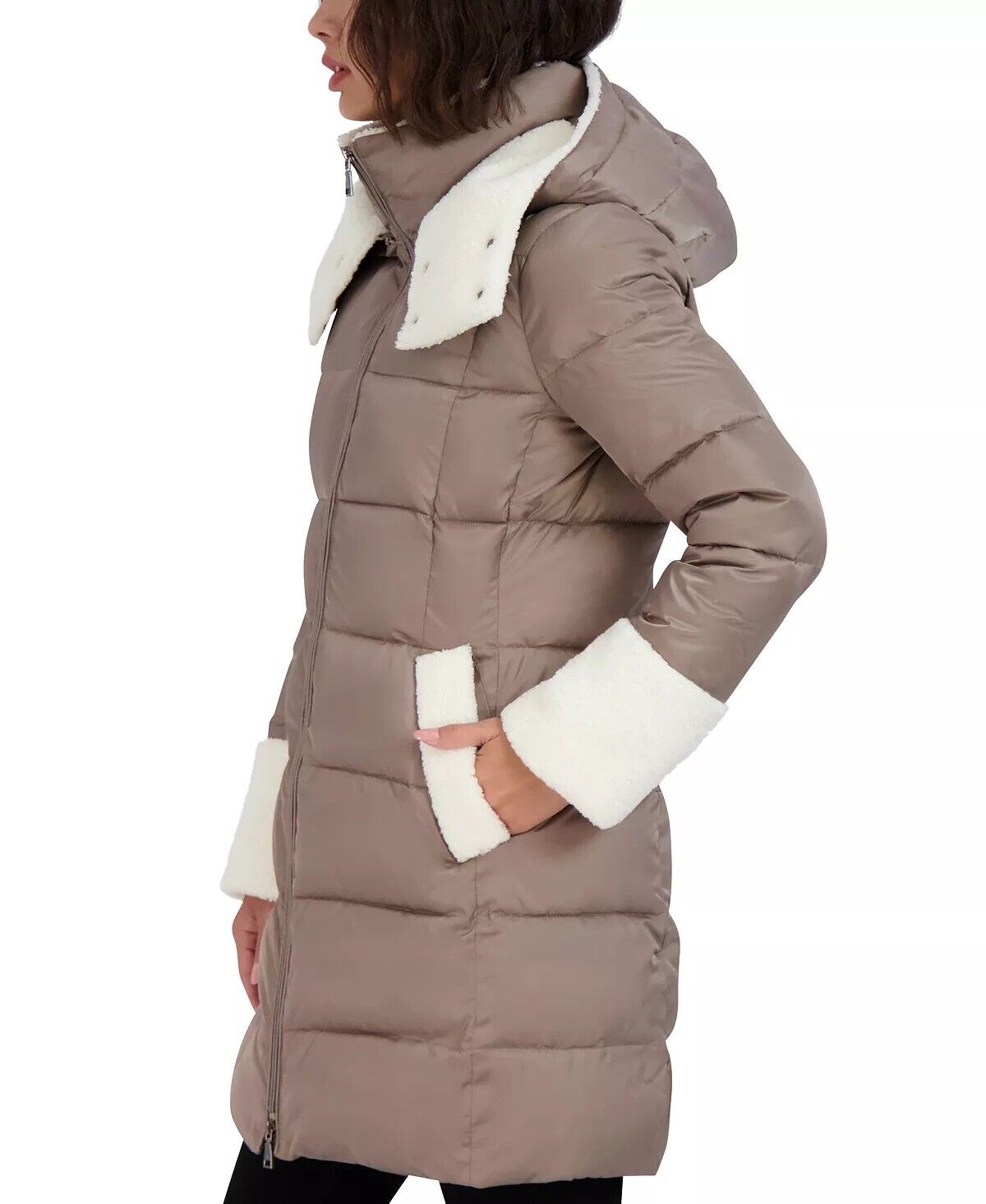 Tahari Women's Fleece-Trim Hooded Puffer Coat Beige Large