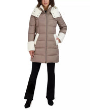 Tahari Women's Fleece-Trim Hooded Puffer Coat Beige Large