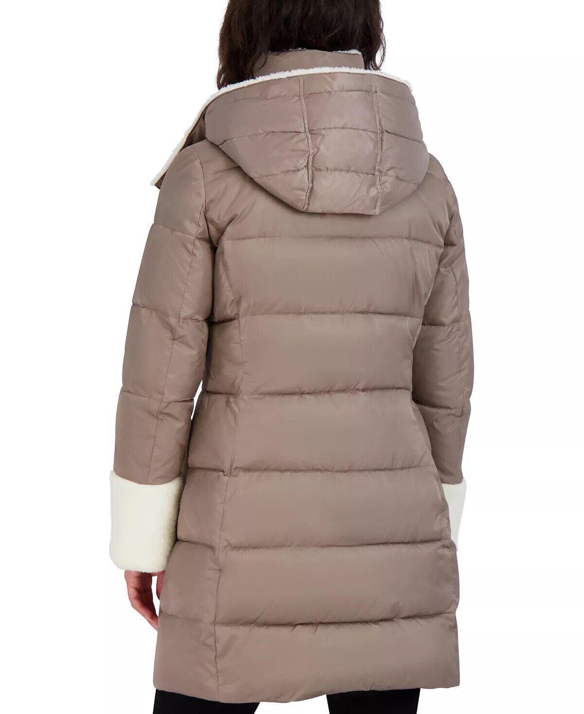 Tahari Women's Fleece-Trim Hooded Puffer Coat Beige Large