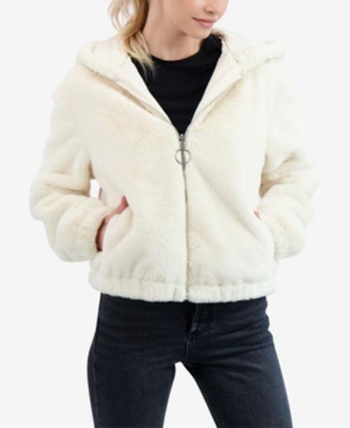 SEBBY Junior's Teddy Reversible Faux Fur Hooded Bomber Coat XL Beige