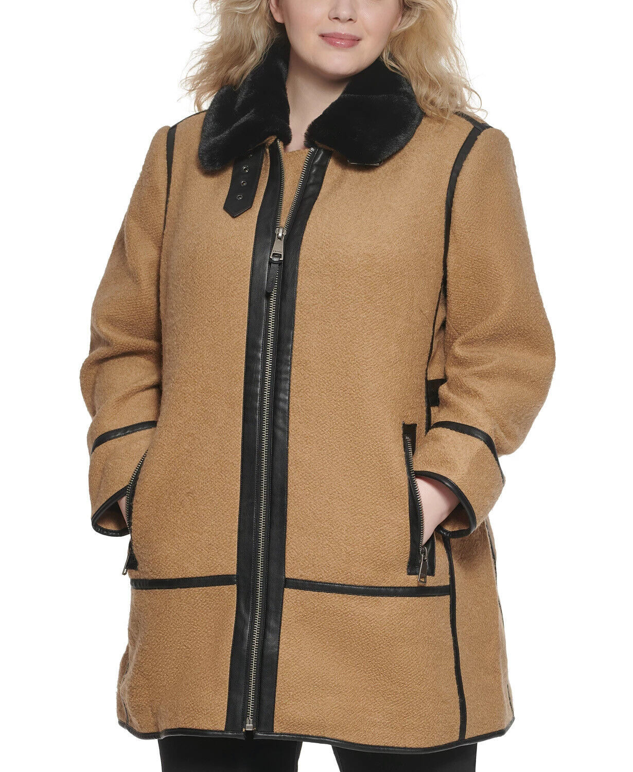 Dkny Women's Womens Faux-Fur-Collar Moto Walker Coat Camel XXL Wool