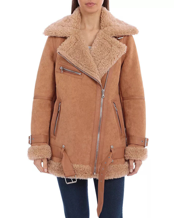 Avec Les Filles Womens Faux-Shearling Moto Jacket Toffee XS Extra Small