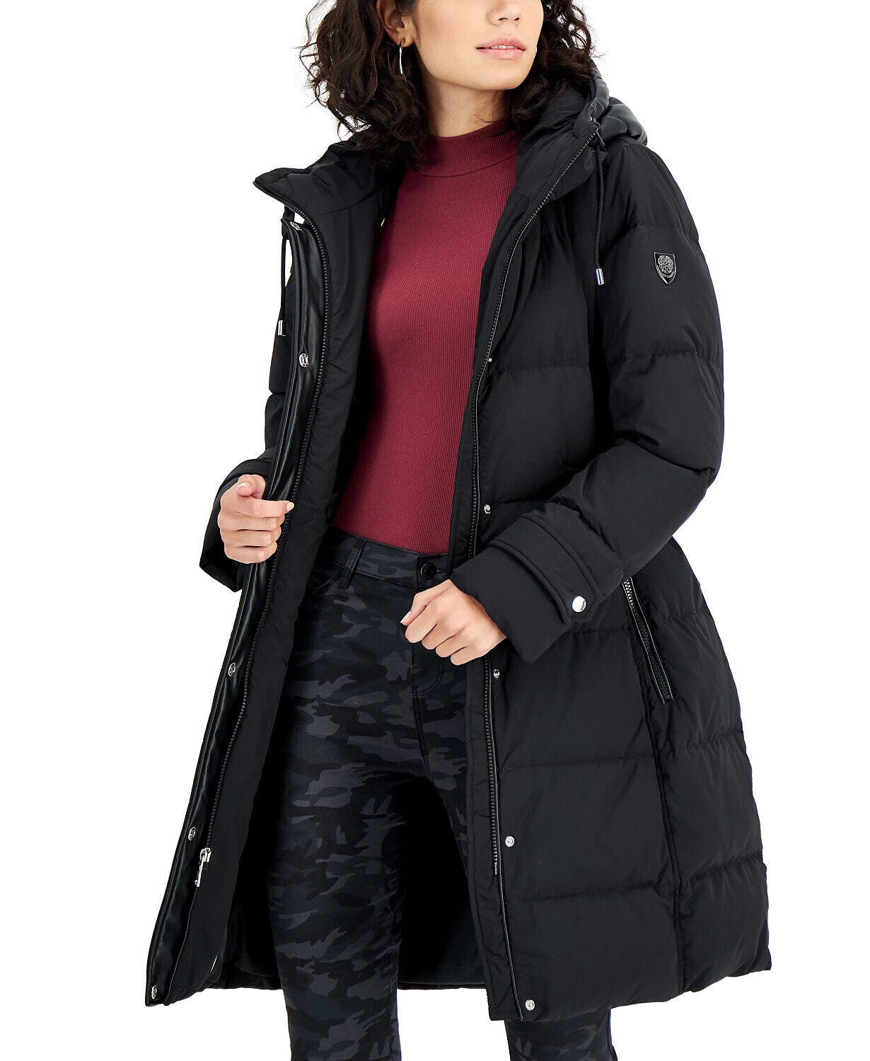 Vince Camuto Women's Hooded Faux-Leather-Trim Down Puffer Coat Black XS