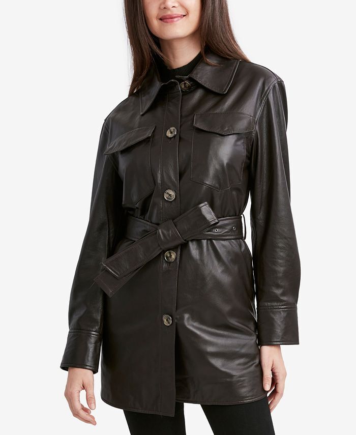 TAHARI Women's Liv Leather Shirt Jacket Black Size XS NO BELT