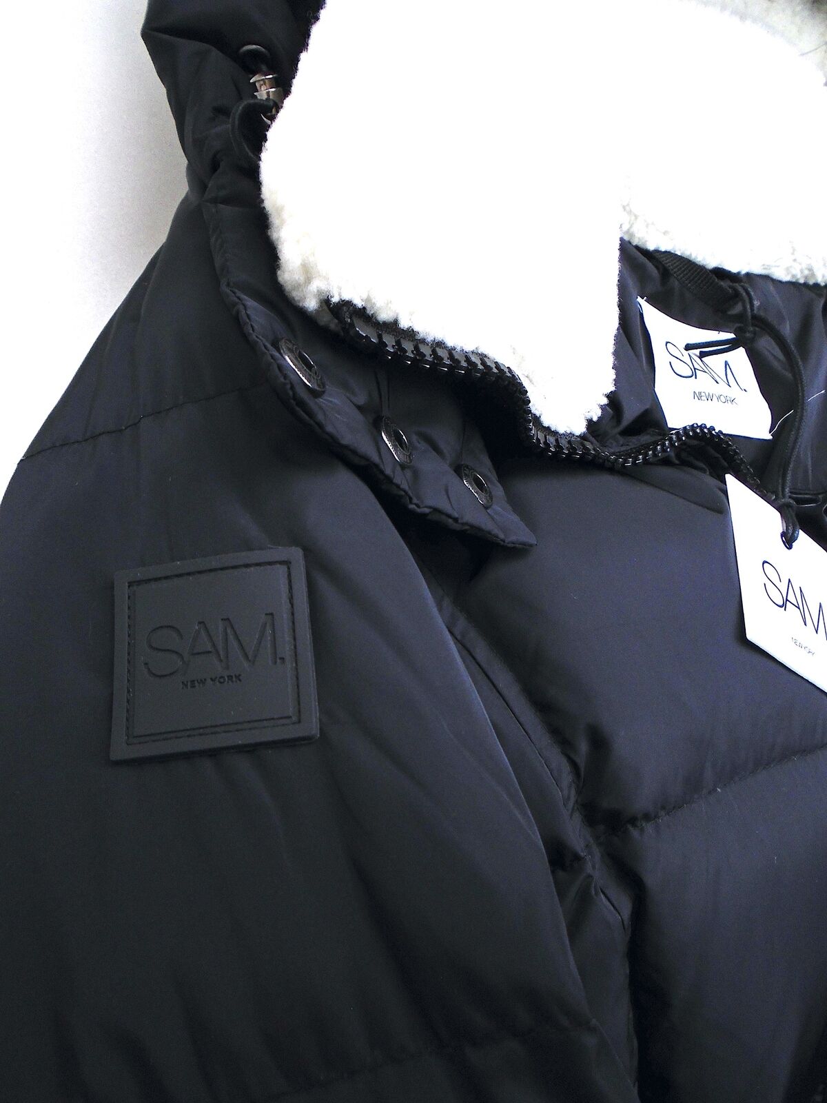 SAM. Womens Puffer Coat Large Black Courtney Shearling Trim Hooded
