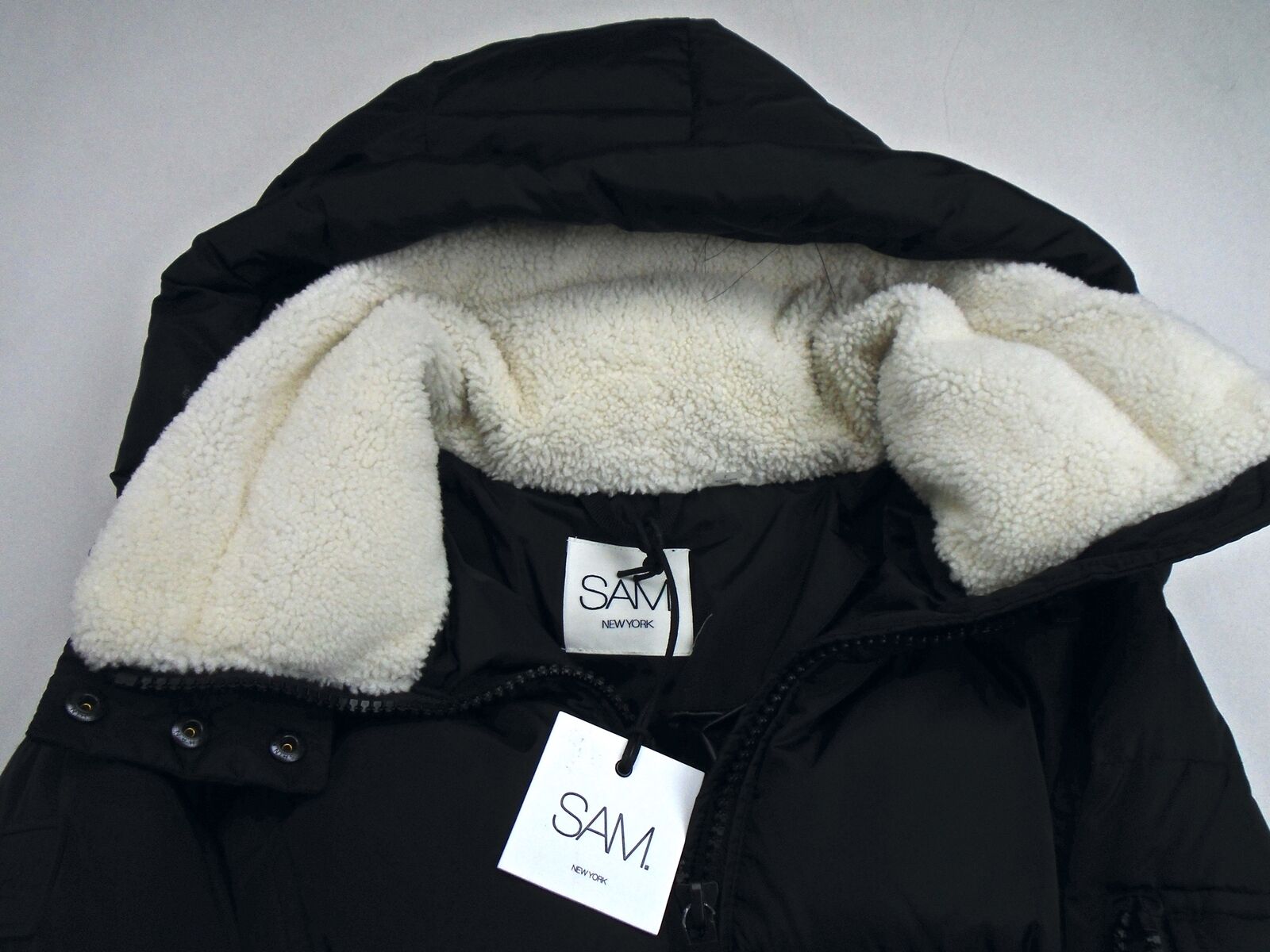 SAM. Womens Puffer Coat Large Black Courtney Shearling Trim Hooded