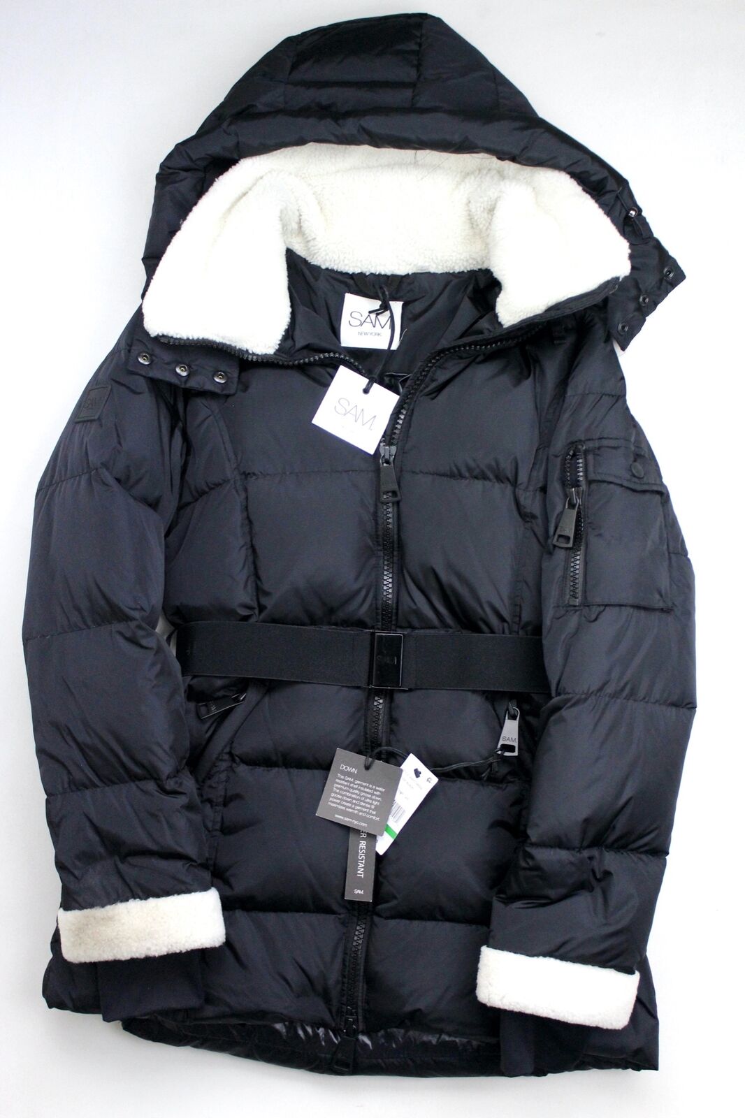 SAM. Womens Puffer Coat Large Black Courtney Shearling Trim Hooded