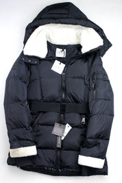 SAM. Womens Puffer Coat Large Black Courtney Shearling Trim Hooded