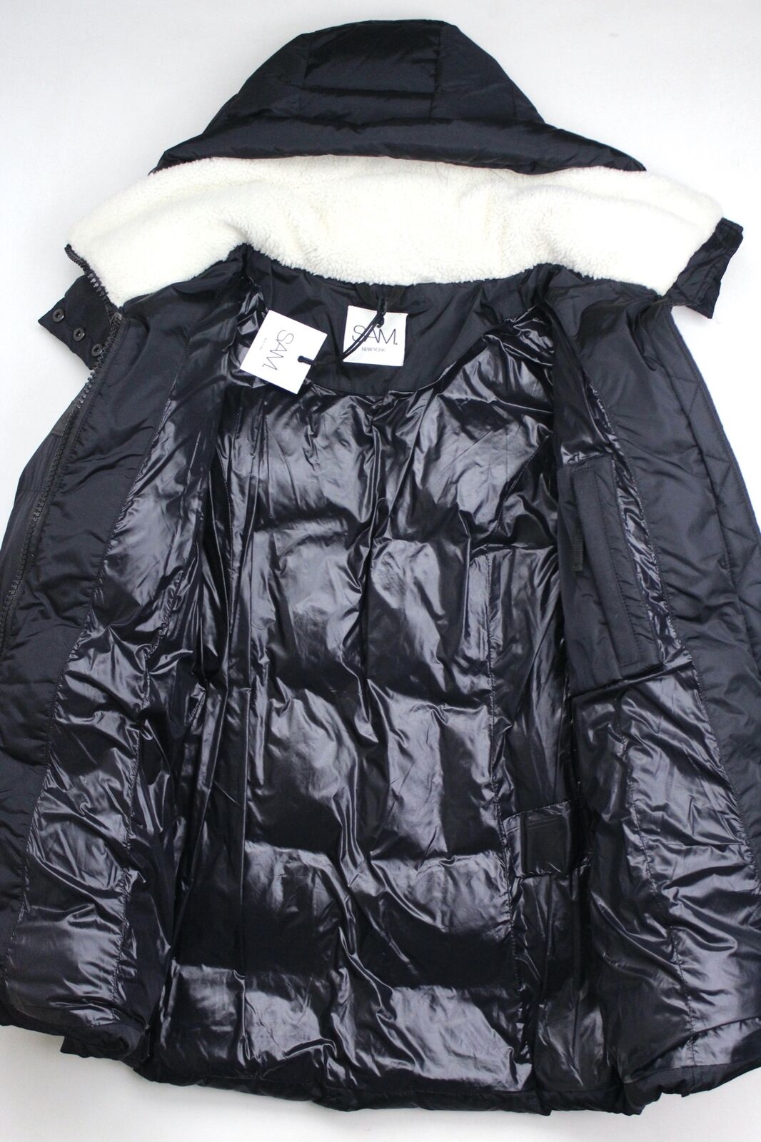 SAM. Womens Puffer Coat Large Black Courtney Shearling Trim Hooded