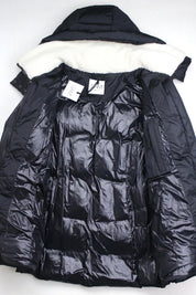 SAM. Womens Puffer Coat Large Black Courtney Shearling Trim Hooded
