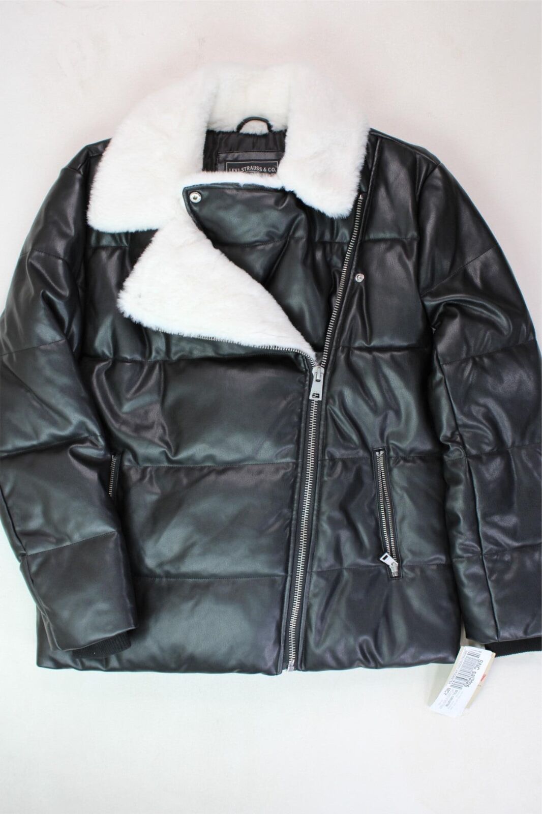 LEVI'S Womens Faux-Leather Puffer Moto Jacket Small Black White