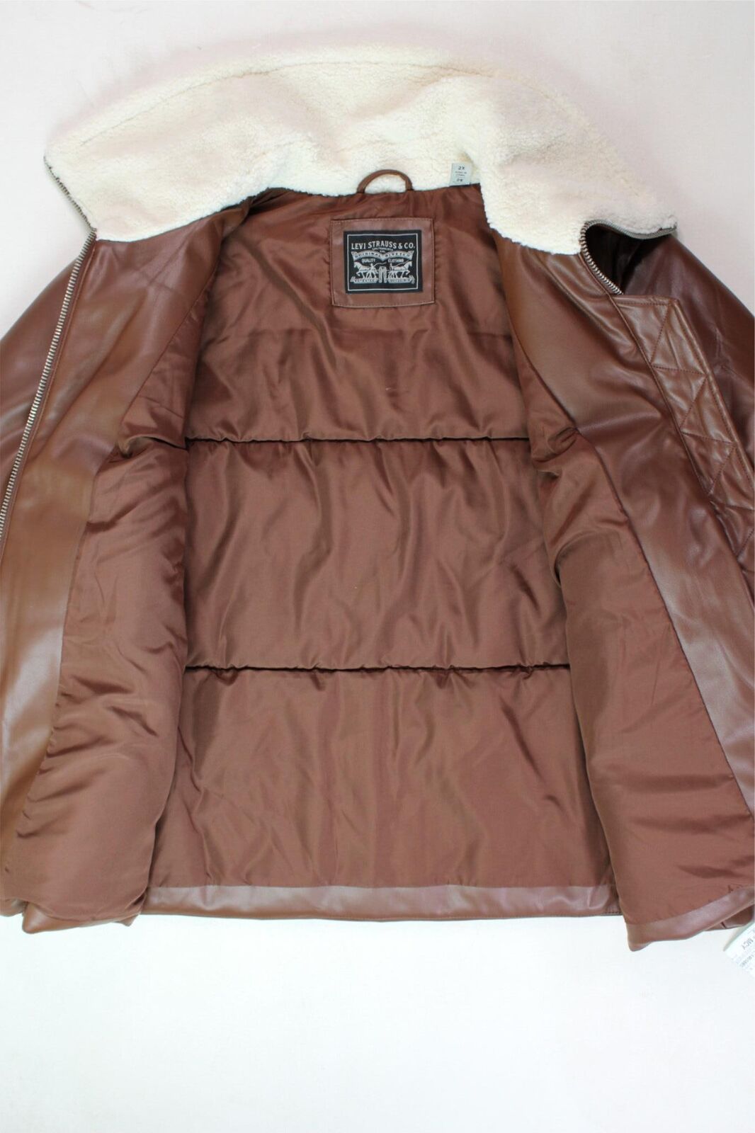 LEVI'S Womens Plus Size Sherpa-Trimmed Faux-Leather Puffer Coat 2X Brown