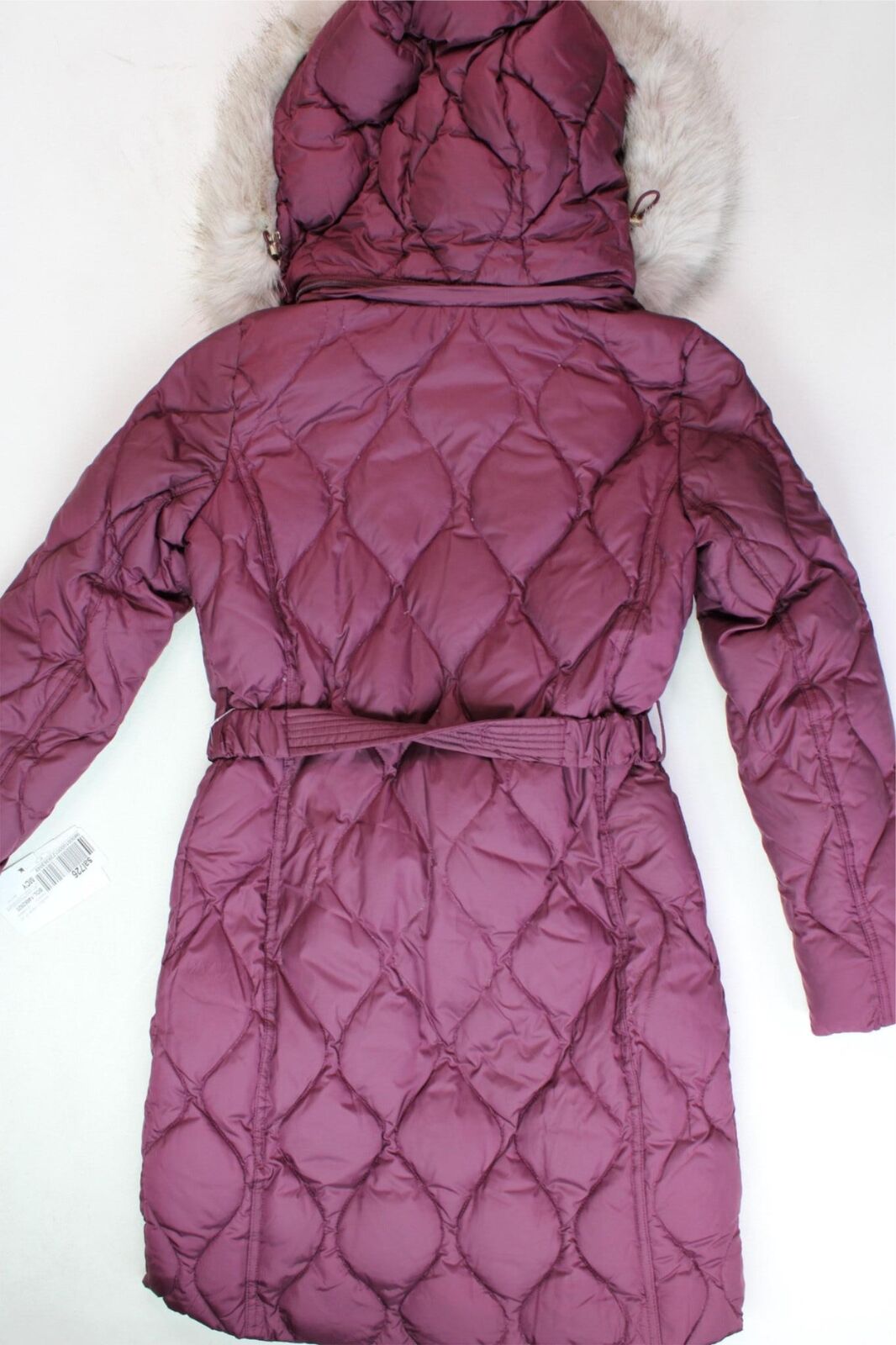 Michael Kors Womens Faux-Fur-Trim Hooded Belted Down Puffer Coat XXS Burgundy
