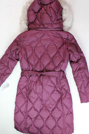 Michael Kors Womens Faux-Fur-Trim Hooded Belted Down Puffer Coat XXS Burgundy
