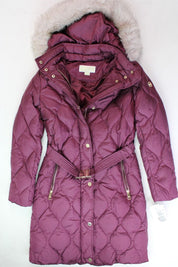 Michael Kors Womens Faux-Fur-Trim Hooded Belted Down Puffer Coat XXS Burgundy